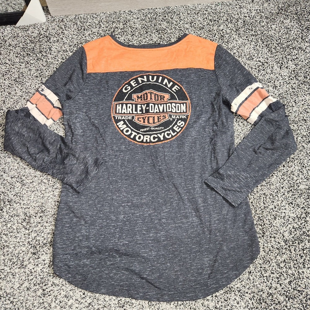 Harley Davidson Long Sleeve Bling Heathered Gray Orange V Neck Women's L Biker